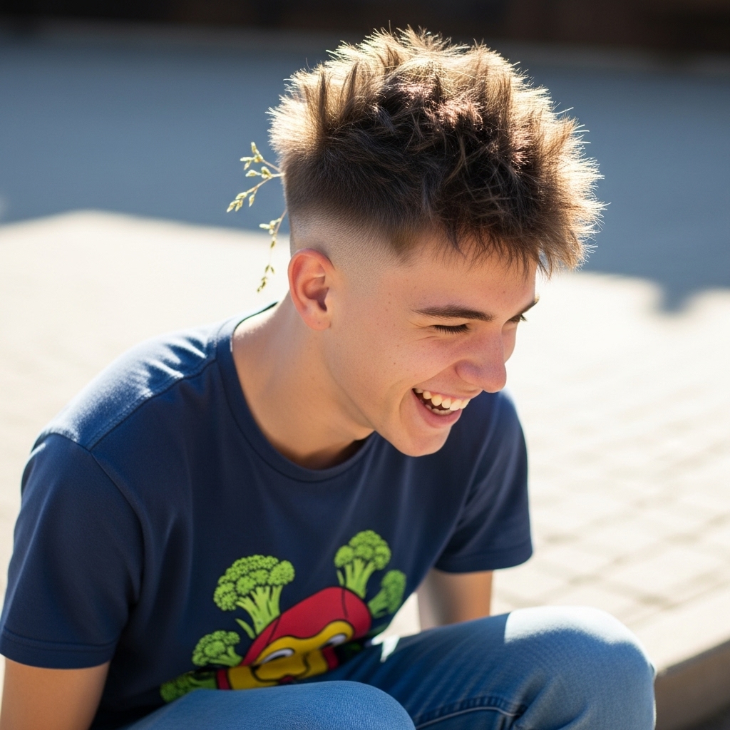 A guy confidently rocking a broccoli haircut with casual style.