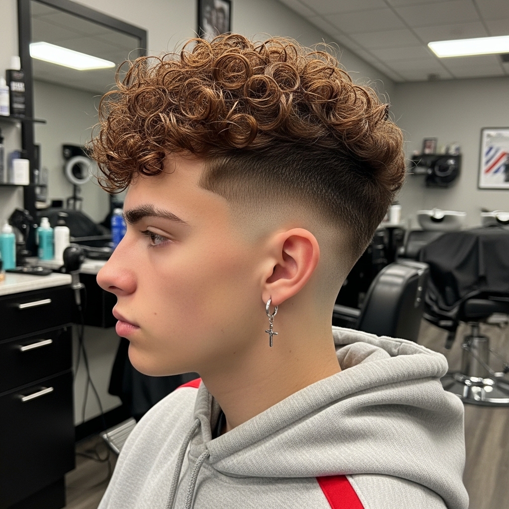 Teen boy mid-perm process to achieve a broccoli haircut.