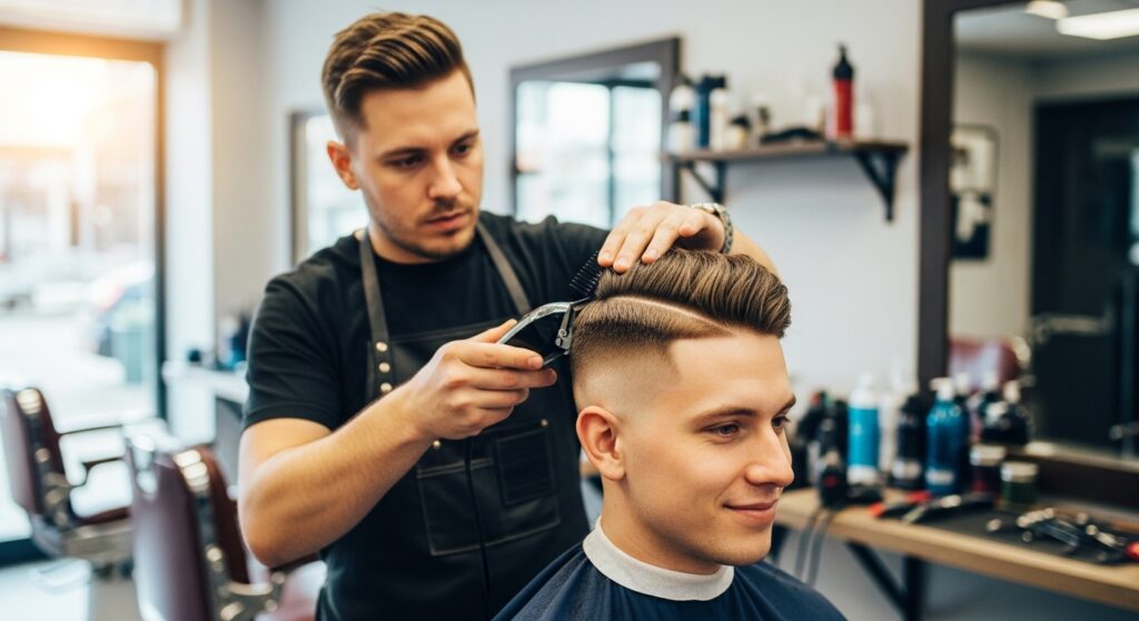 Barber creating a clean fade haircut for men.