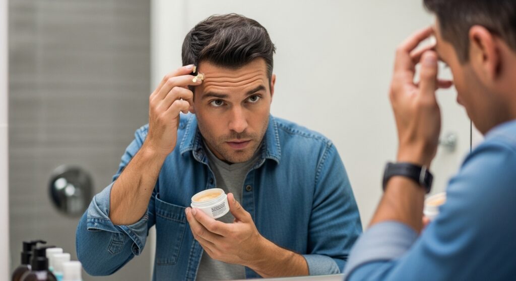  “Man using Ustraa moustache wax for styling.”
