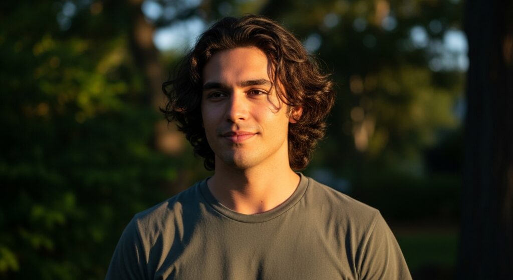 Relaxed middle part hairstyle men with medium wavy hair