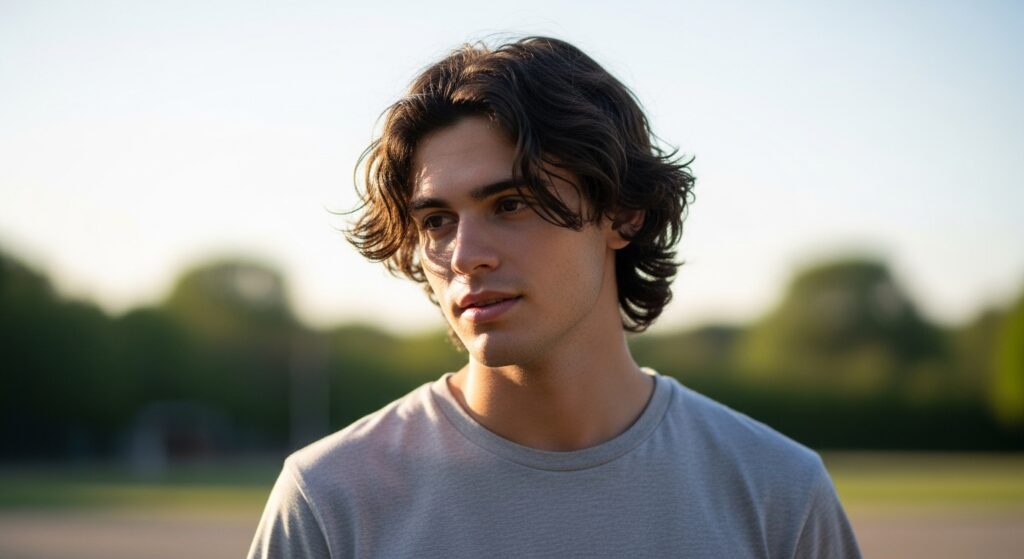 Relaxed middle part hairstyle men with medium wavy hair