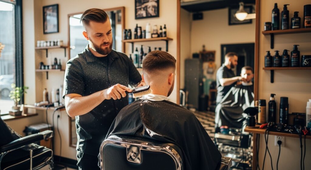 "Barber brushing hair off client’s neck"