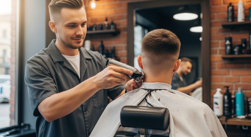 "Barber using trimmer to clean neckline"