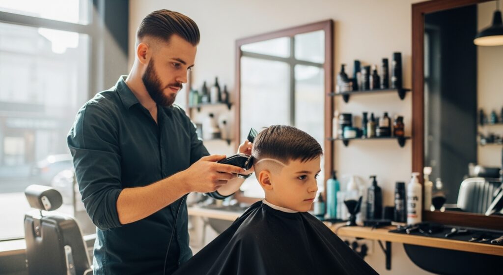 Barber styling kids taper fade haircut)