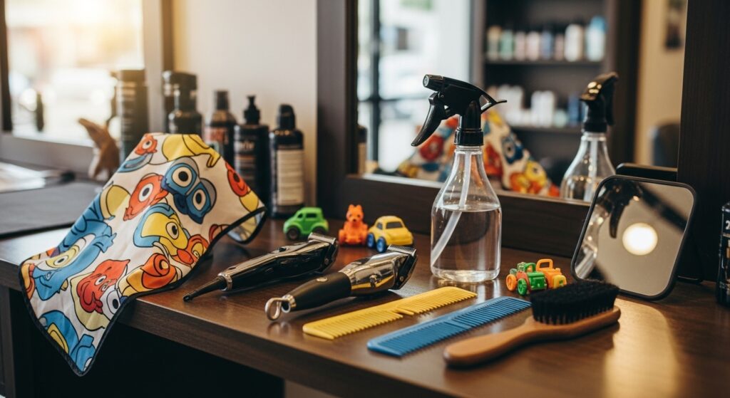 Barber tools neatly arranged for a kids haircut session