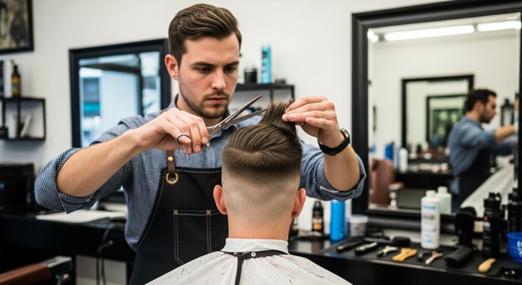 Barber finishing haircut after a clean fade cut.