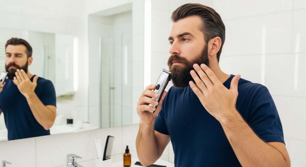 man trimming beard in front of mirror
