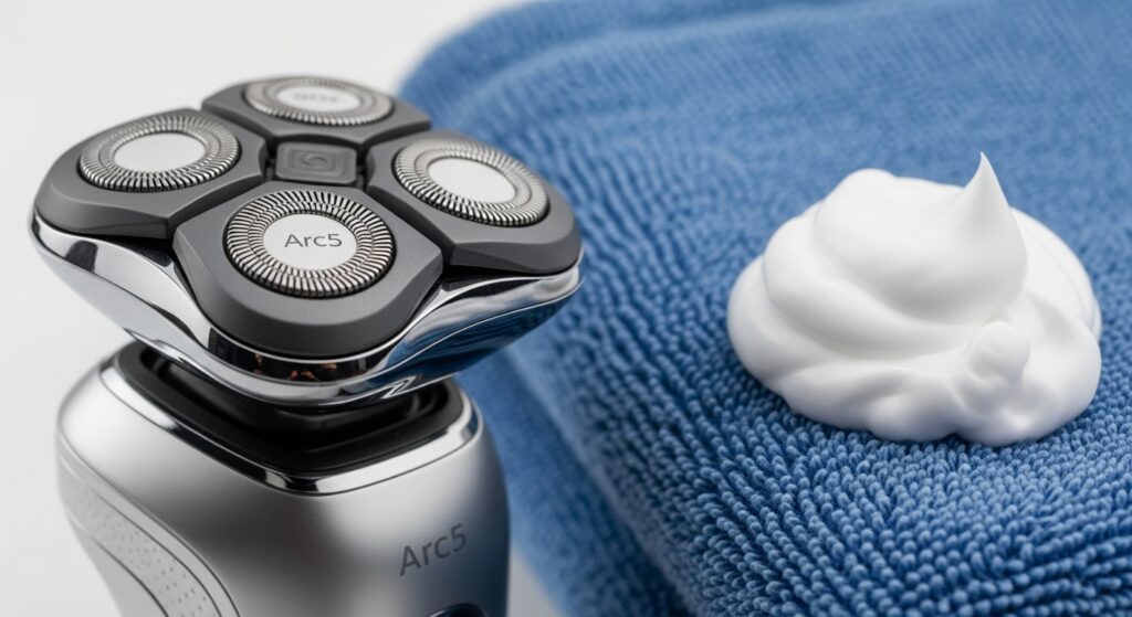 Panasonic Arc5 electric razor with towel on the bathroom counter