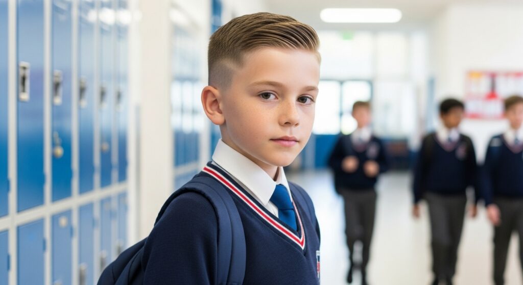 Kid in school uniform with fresh low fade haircut