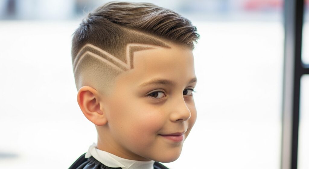 Boy smiling with fresh fade haircut and shaved line