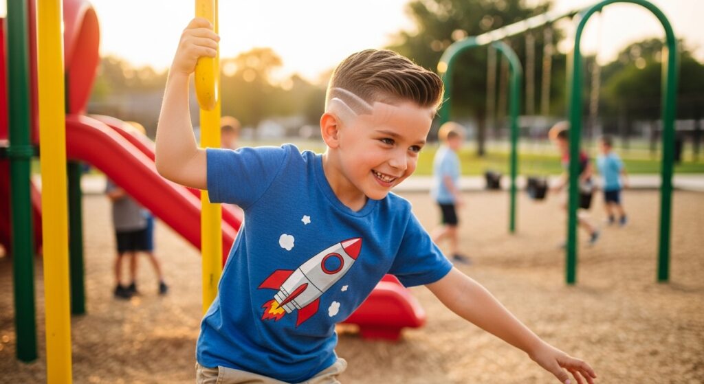  "Young boy with low fade haircut on playground"