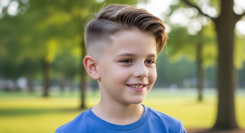 Fade haircut with short sides and long top for boys)