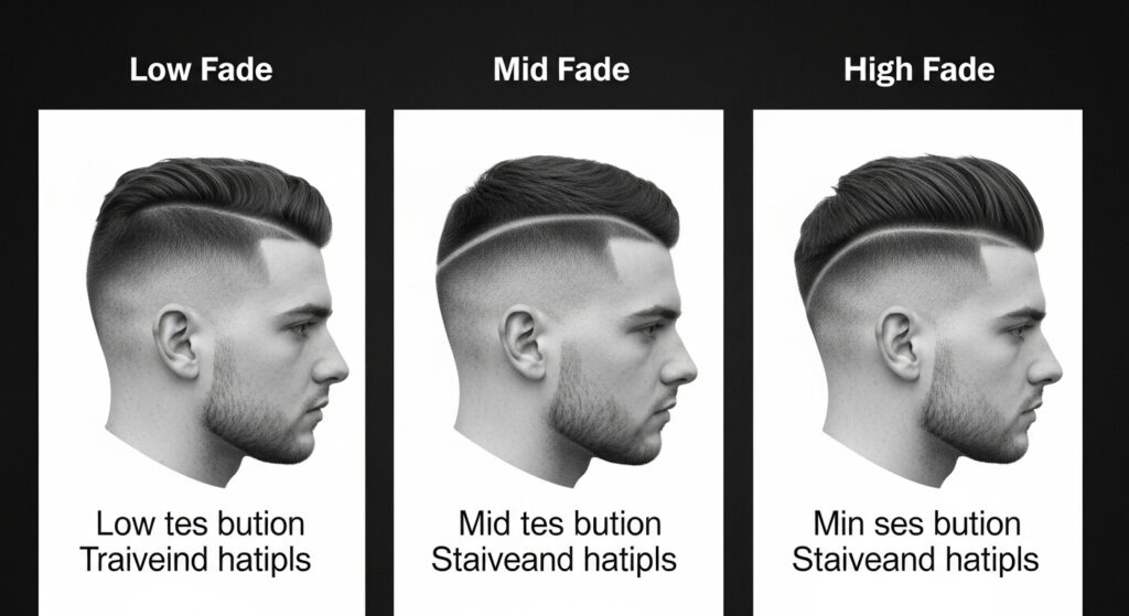 Comparison chart of kids low, mid, and high fade haircuts
