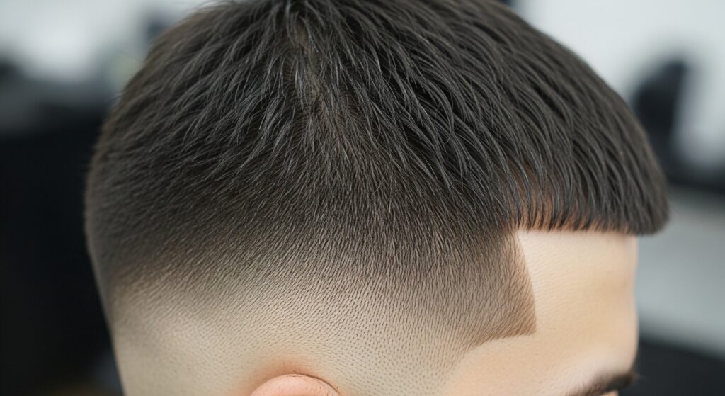  "Unblended fade line in haircut close-up"