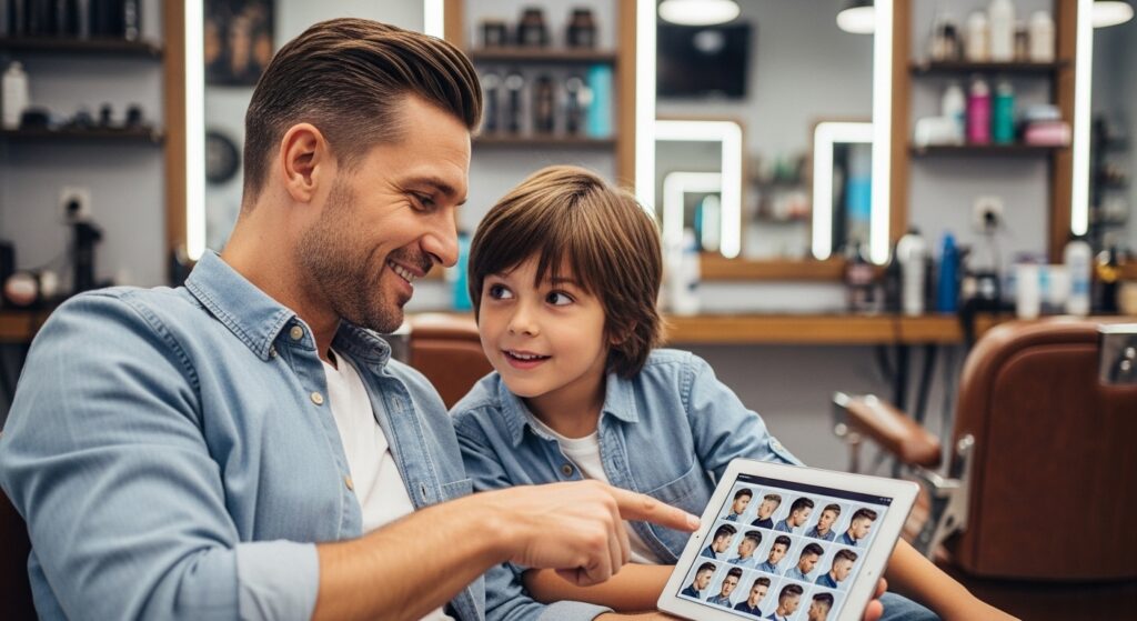Father helping son choose fade haircut from barber book