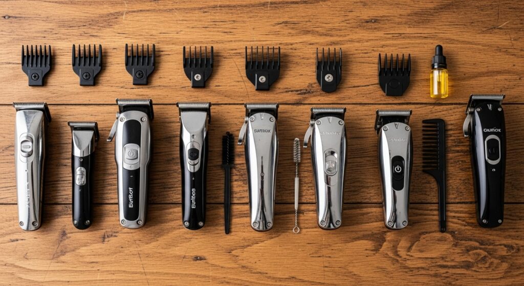 different beard trimmers and grooming tools arranged neatly