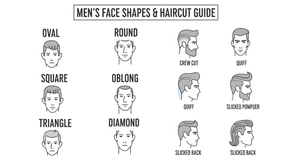 Men’s face shapes with recommended hairstyles")