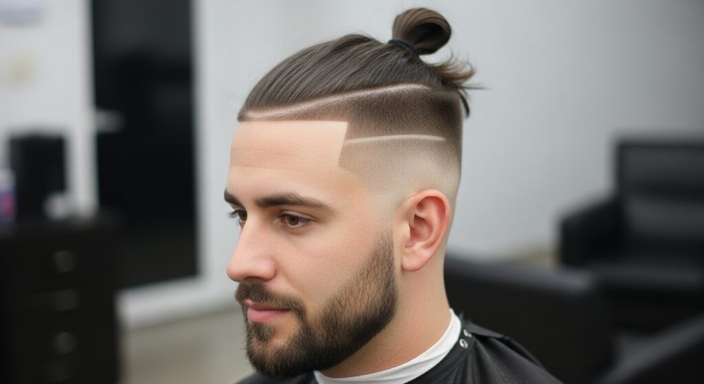  "High fade haircut with long hair tied in top knot"
