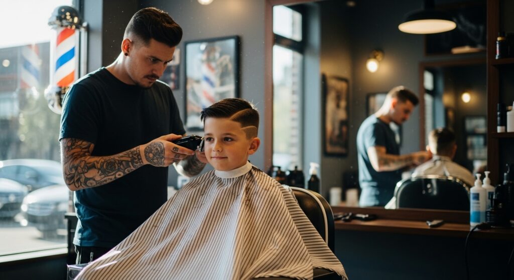 Little boy getting fade haircut at barbershop