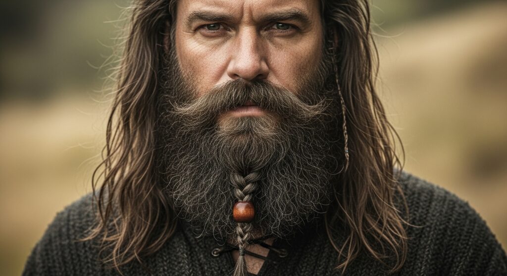 Bearded man with braid and bead in beard