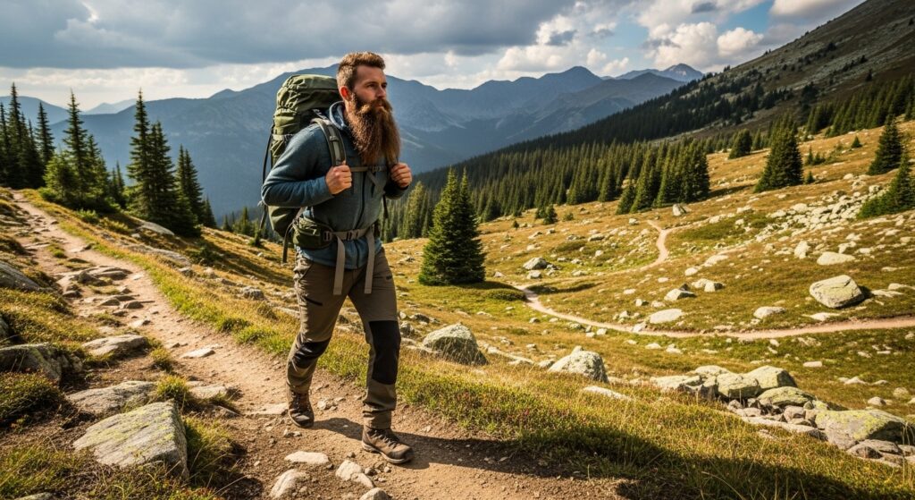 Man with rugged natural long beard on a mountain trail