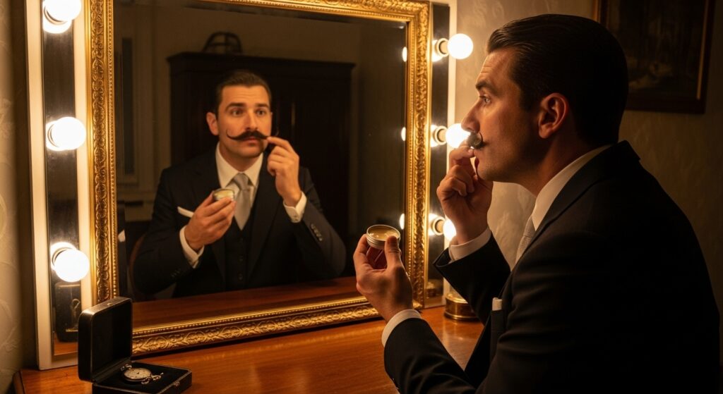 "Man in formalwear styling moustache with wax."