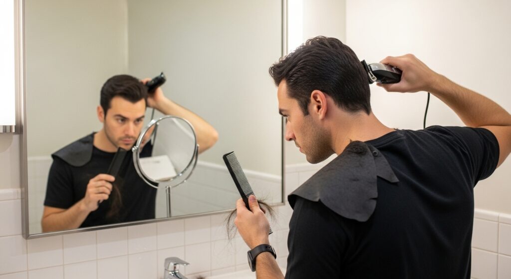  "Man checking fade haircut with two mirrors