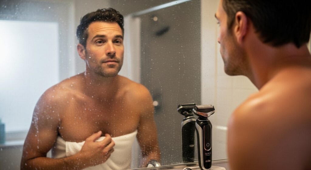 Wet pallid face with Braun Series 9 standard electric razor in steamy bathroom revolution