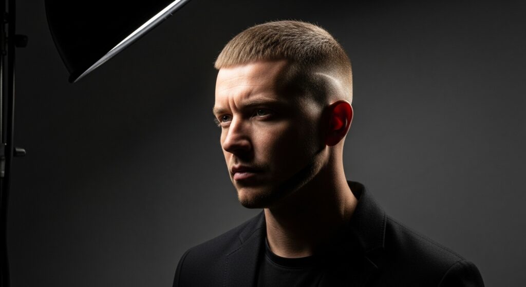 "Buzz cut with skin fade for men")
