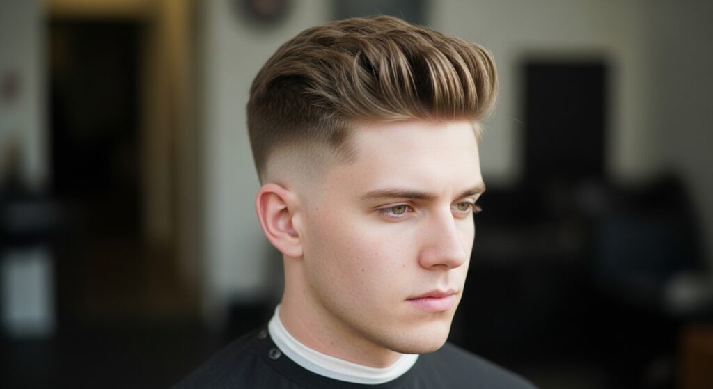 Textured crop with mid fade haircut for men.