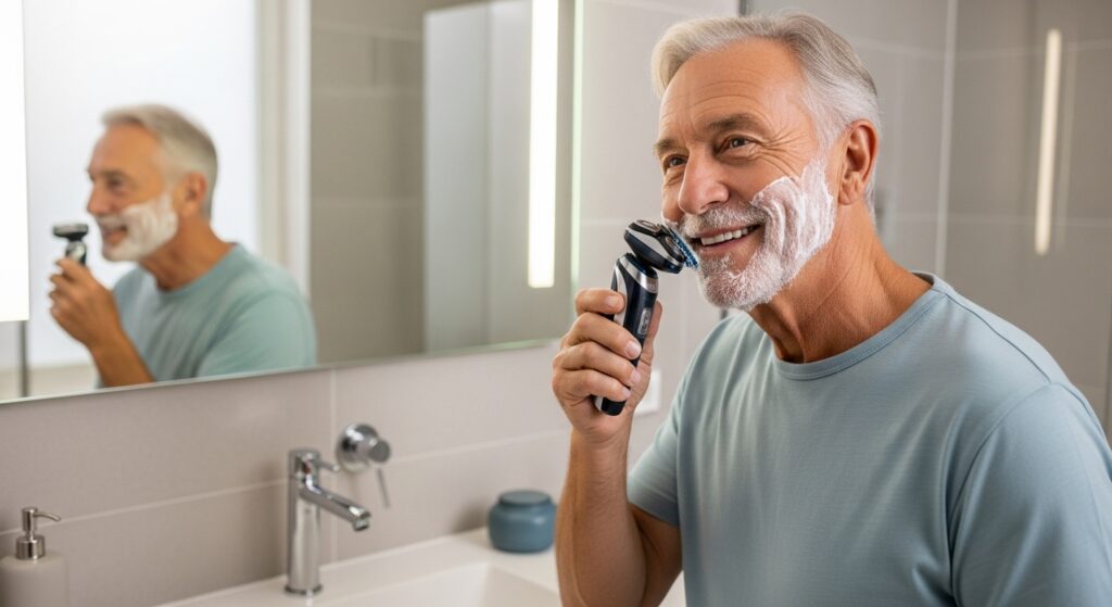 Remington electric shaver for elderly man doing morning routine