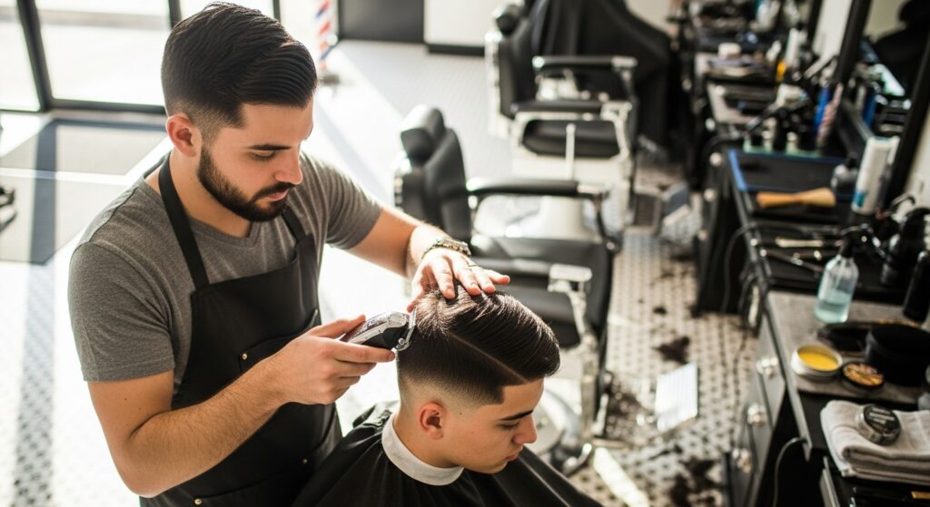 "Barber cutting fade haircut in a bright barbershop"