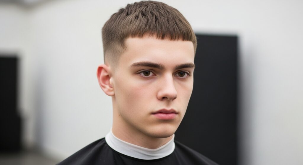 Short middle part men hairstyle neat and modern
