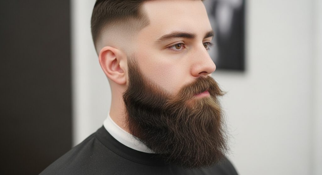 Long beard with blended fade into chin fullness