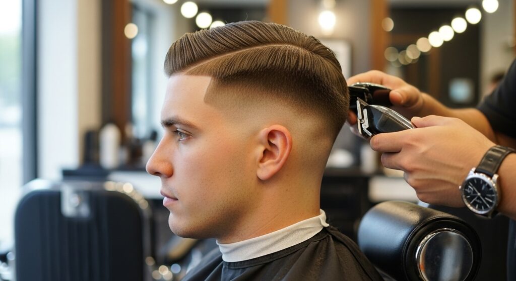 Middle part with fade haircut men in barbershop 2025