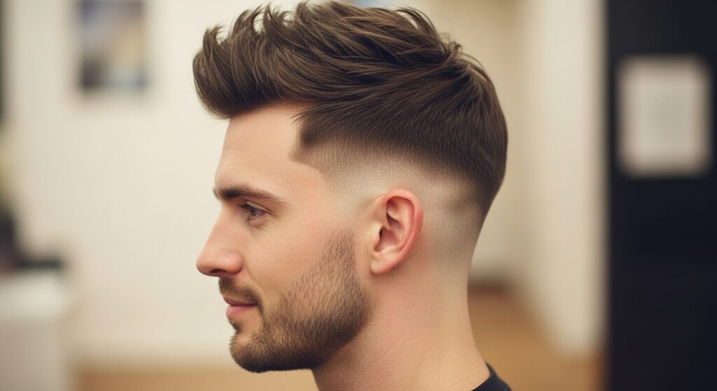 "Low fade hairstyle with textured top for men")