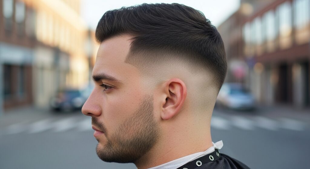 side view of a skin fade blend into longer hair)