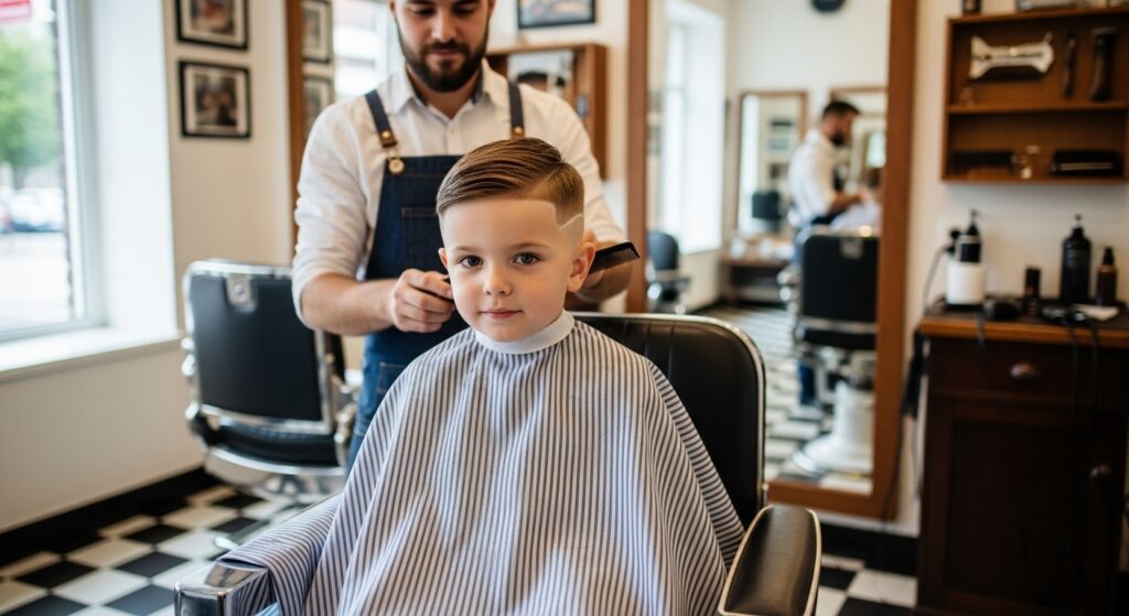 Toddler boy with fade haircut sitting calmly at barber
