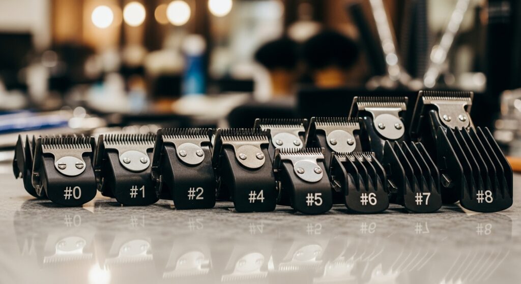 Various clipper guard sizes arranged on counter