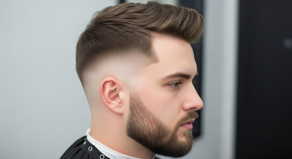 "Fade haircut blending into short beard"