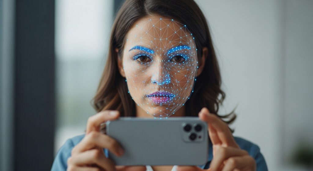  Woman using a computer vision and AI application for face detection.