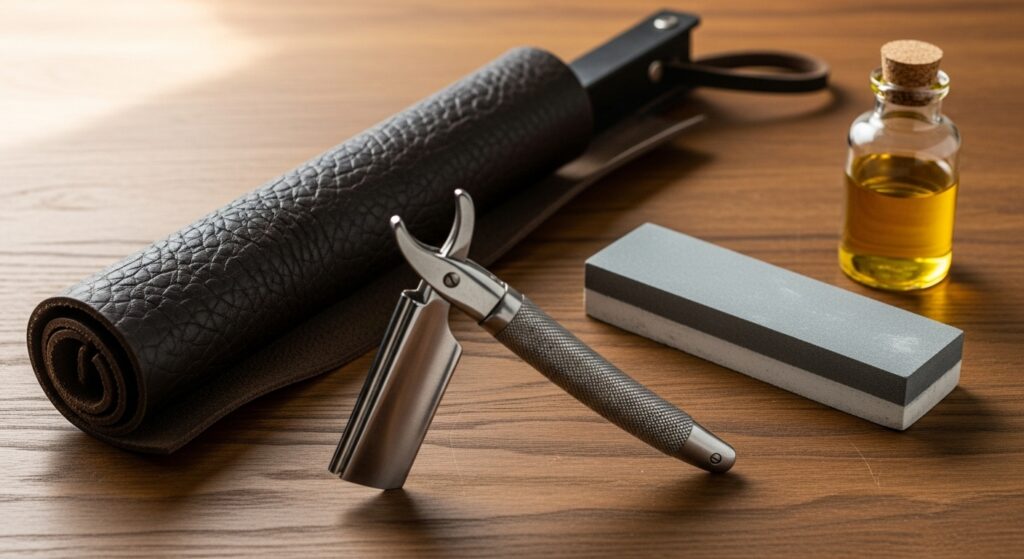 shaving gear with cut throat razor and strop on wood