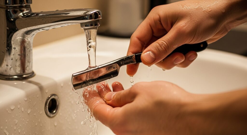 person rinsing straight razor blade in sink water