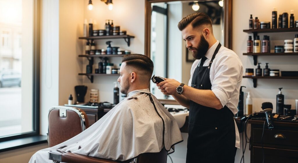 Undercut middle part haircut men in barbershop 2025