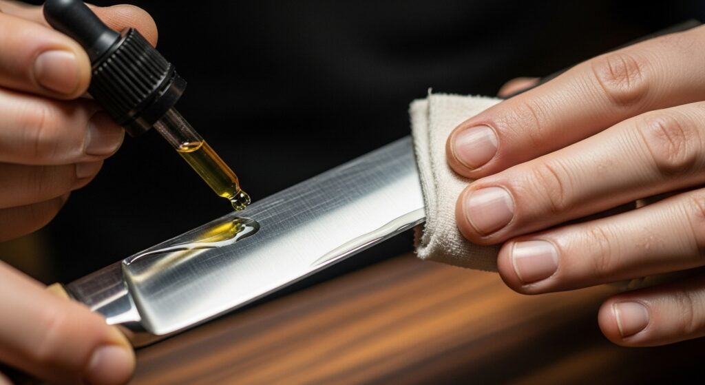 man oiling straight razor blade with cloth