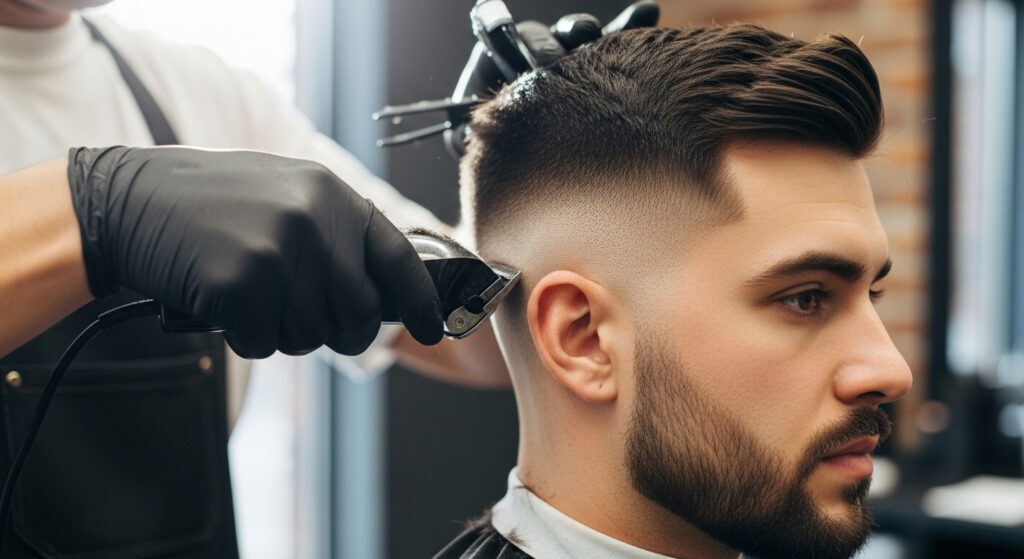 Barber creating a mid skin fade with clippers)