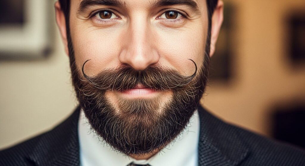 Van Dyke beard style close-up, sharp mustache and pointed goatee.