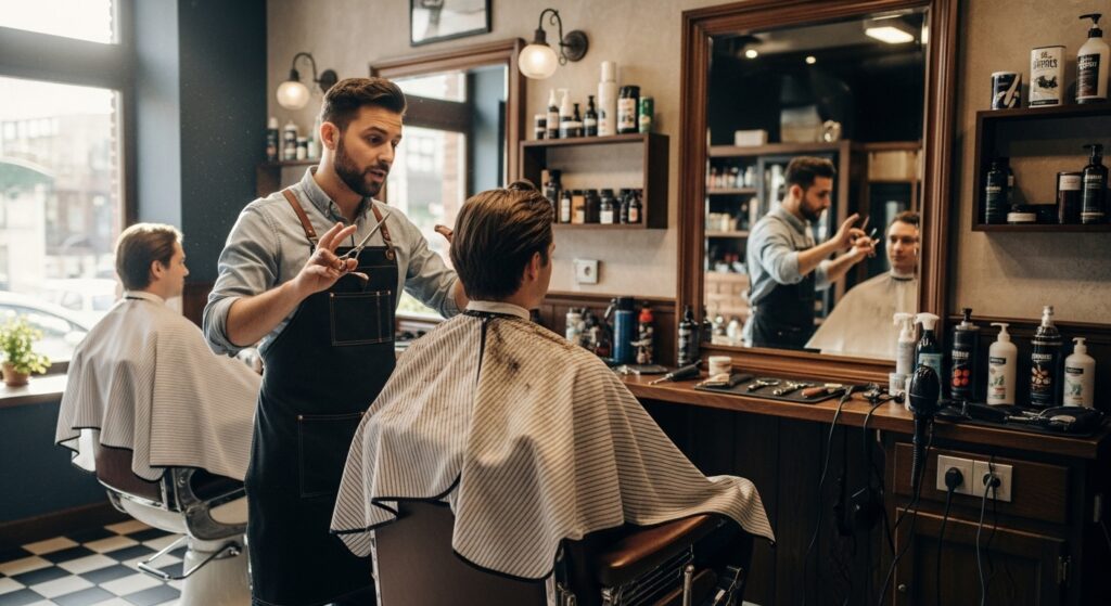  coiffeur discutant coupe taper avec client