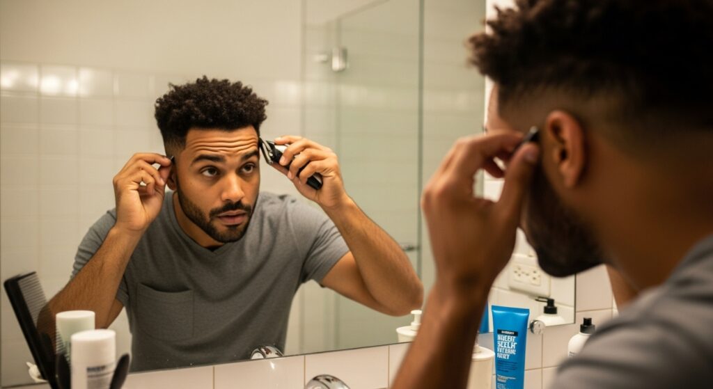 man fixing his mid skin fade in the mirror)